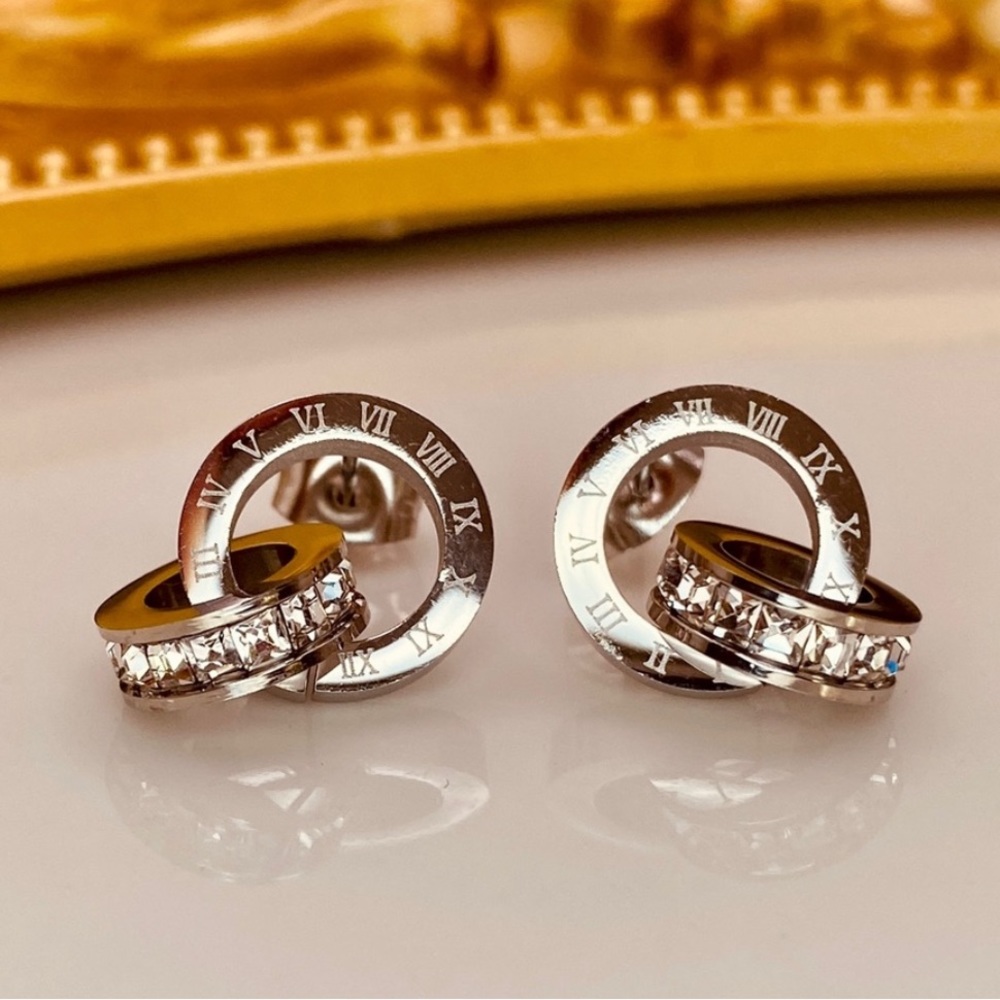 Titanium Roman Numerals CZ Stud Earrings in Silver